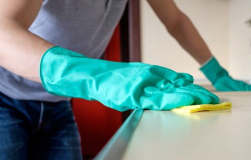 Professional cleaner maintaining a communal entrance area
